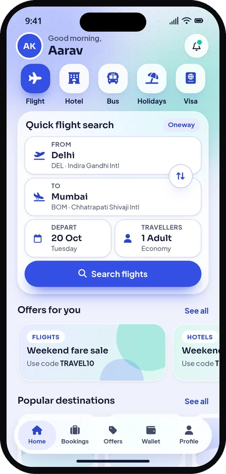 App home screen with quick flight search, Aurora design