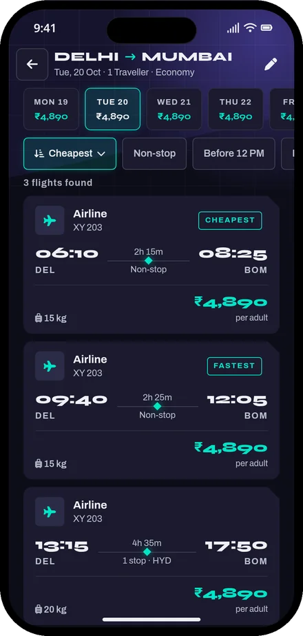 App flight results screen, Nova design