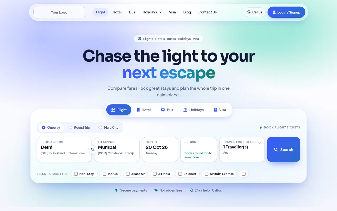 Aurora design, desktop home page with flight search
